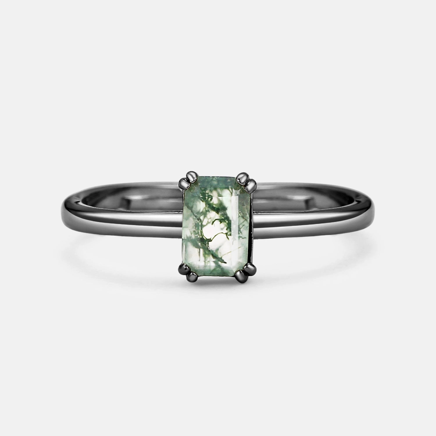 Evening Accent Emerald Cut Moss Agate Solitaire Engagement Ring