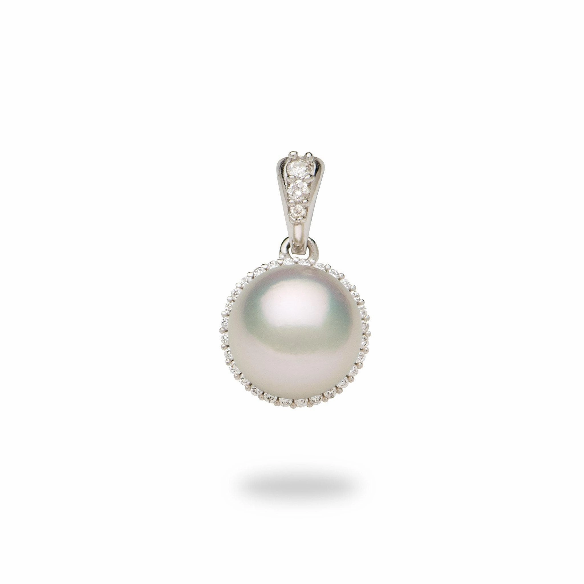 Halo Akoya White Pearl Pendant in White Gold with Diamonds - 8-8.5mm Petite Touch