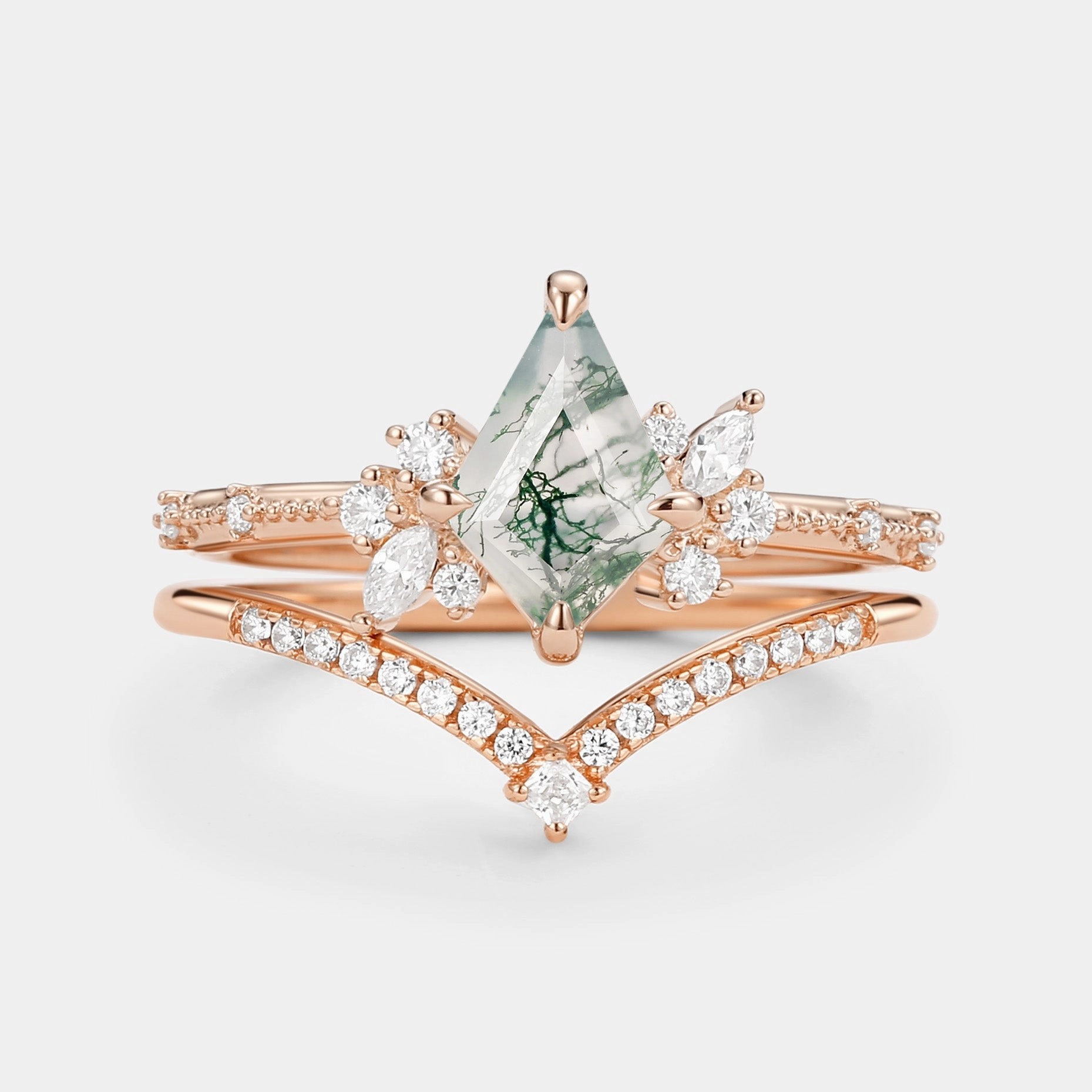 Group Identity Kite Cut Unique Moss Agate & Moissanite Engagement Ring Set 2pcs