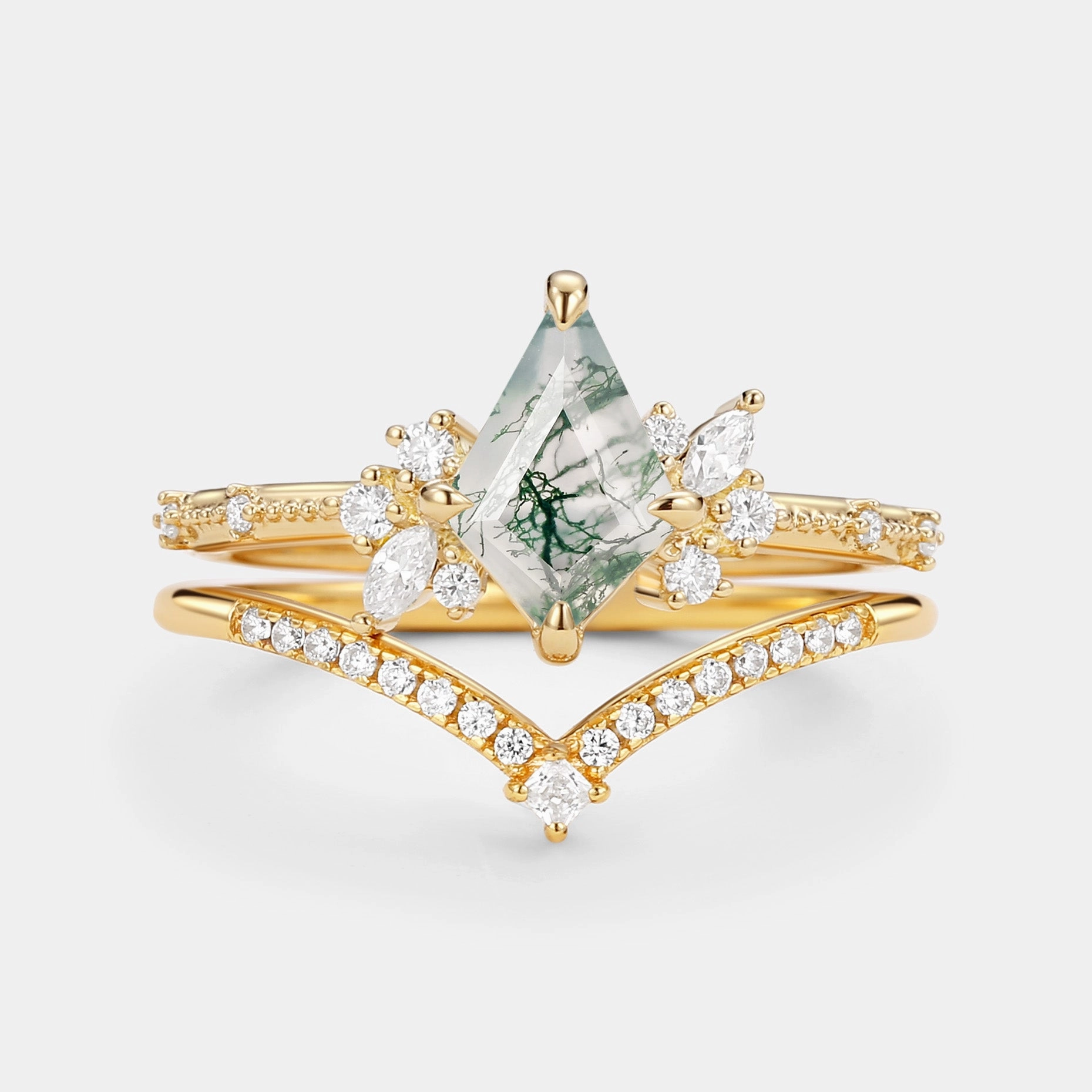 Kite Cut Unique Moss Agate & Moissanite Engagement Ring Set 2pcs Casual Harmony Effortless Look