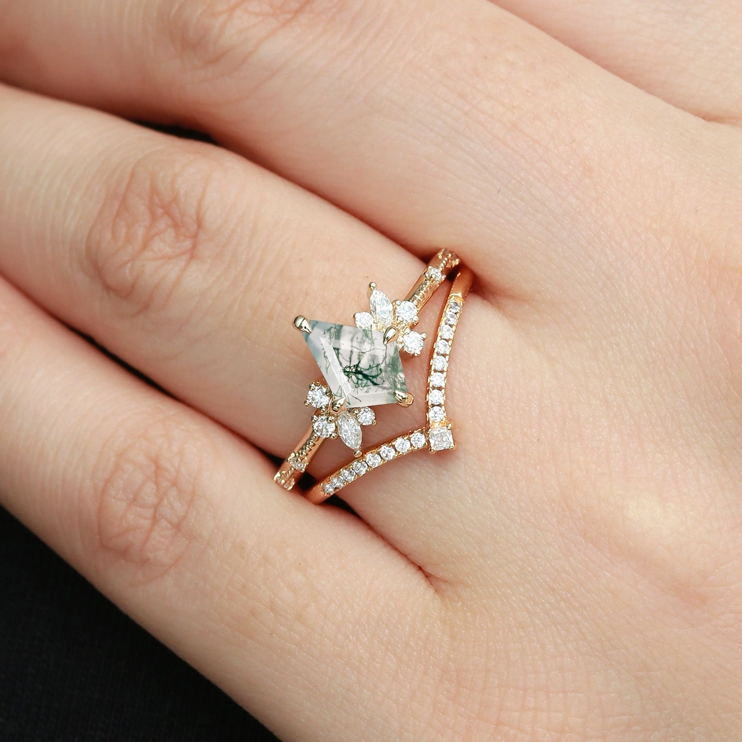 Kite Cut Unique Moss Agate & Moissanite Engagement Ring Set 2pcs Cool Layer