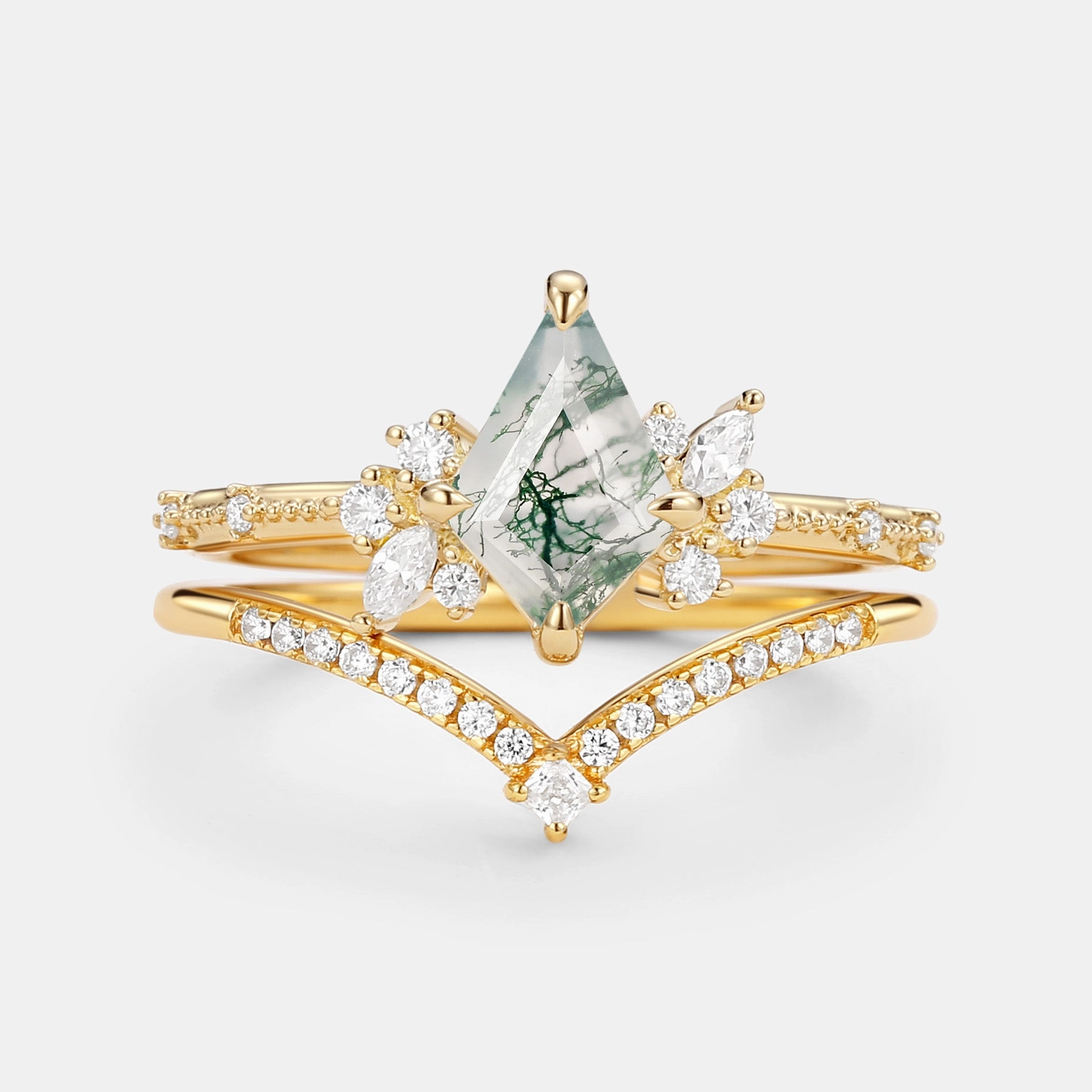 Kite Cut Unique Moss Agate & Moissanite Engagement Ring Set 2pcs Shiny Lines Casual Spark