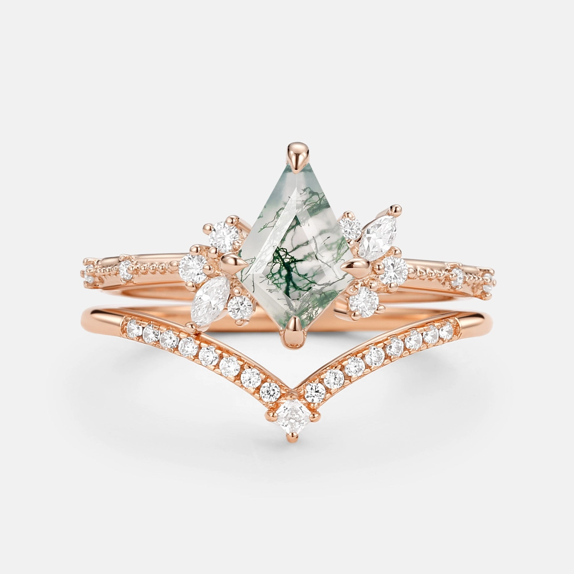 Kite Cut Unique Moss Agate & Moissanite Engagement Ring Set 2pcs Weekend Piece