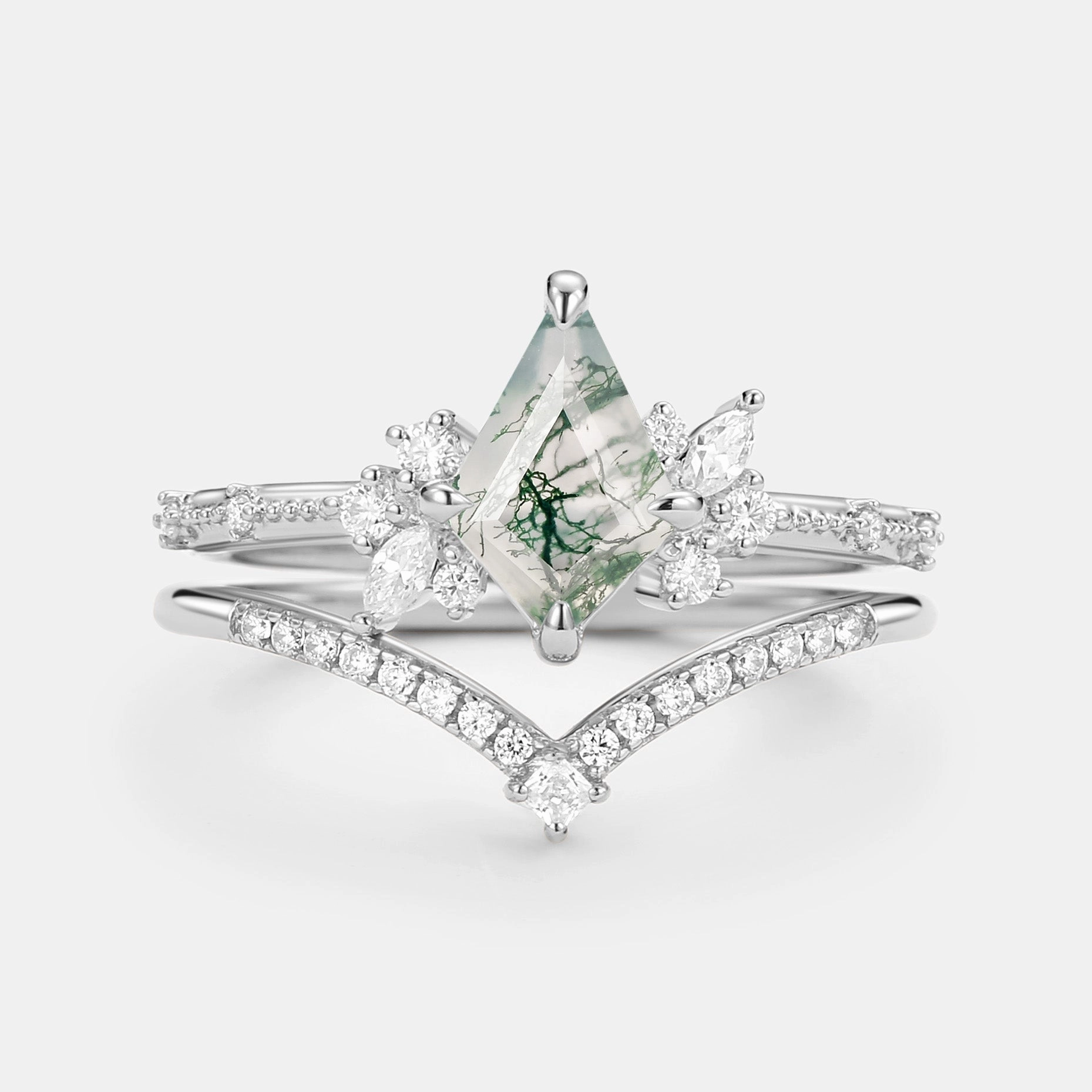 Fashion Finish Modern Style Kite Cut Unique Moss Agate & Moissanite Engagement Ring Set 2pcs