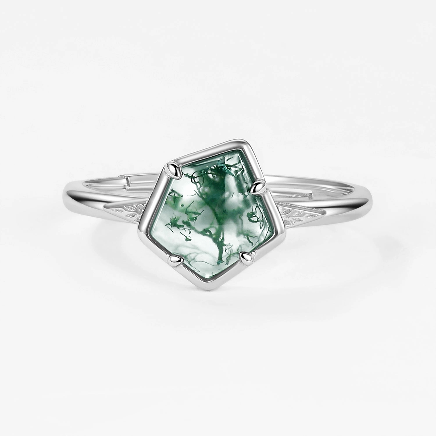 Unique Pentagon Moss Agate Leafy Bezel Engagement Ring Affordable Token Eternal Jewelry