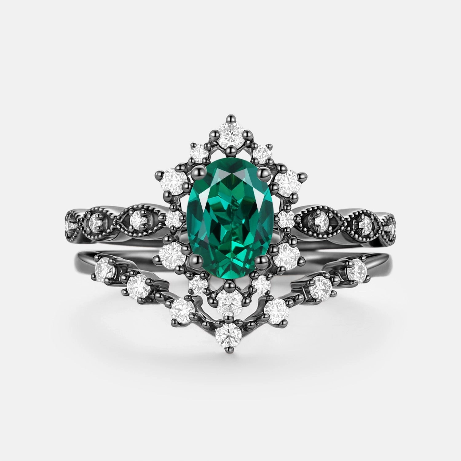 Vintage Oval Cut Lab Emerald Engagement Ring Sets 2pcs Casual Outfit Affordable Look