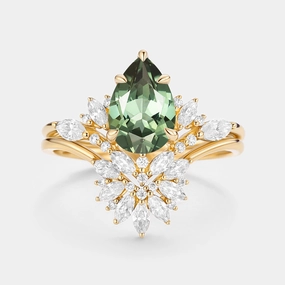 Muted Style Glamour Detail Pear Cut Lab Green Sapphire Cluster Engagement Ring Set 2pcs - Peryn