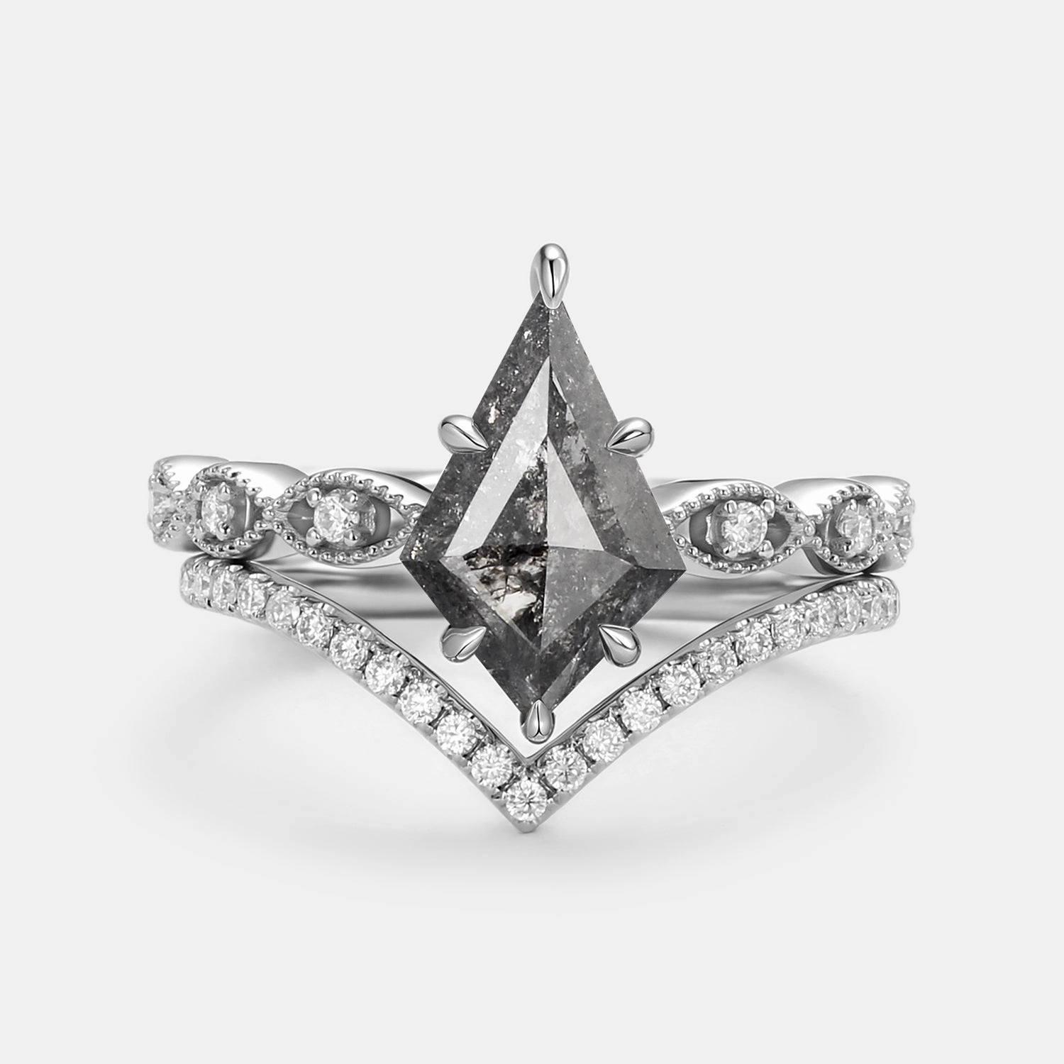 Salt and Pepper Diamonds Minimalistic Engagement Ring Set 2pcs Trendy Accent Shine Accent