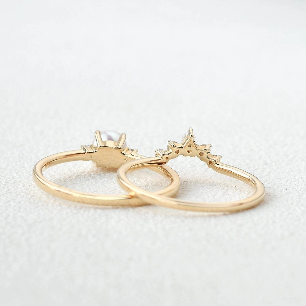 Contemporary accessory Akoya Pearl & Moissanite Yellow Gold Ring Set 2pcs