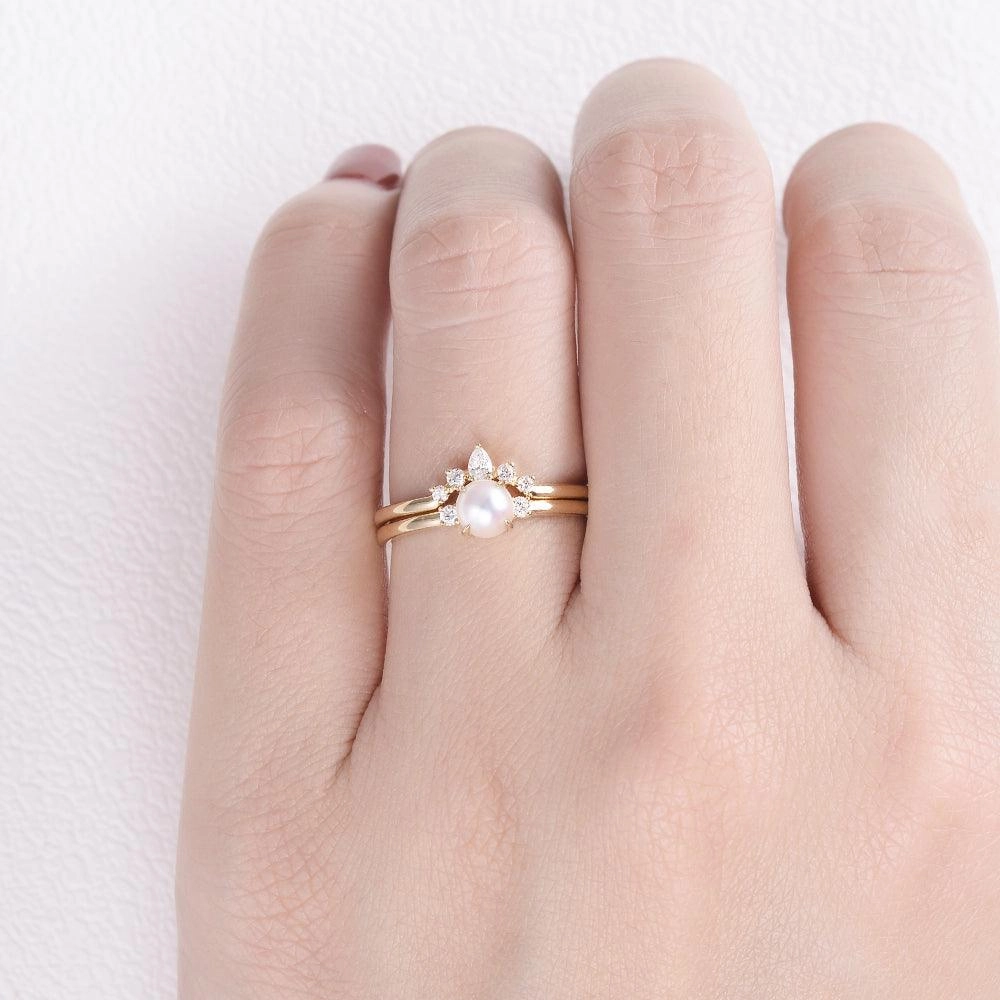 Akoya Pearl & Moissanite Yellow Gold Ring Set 2pcs Trendy Design Pure Form