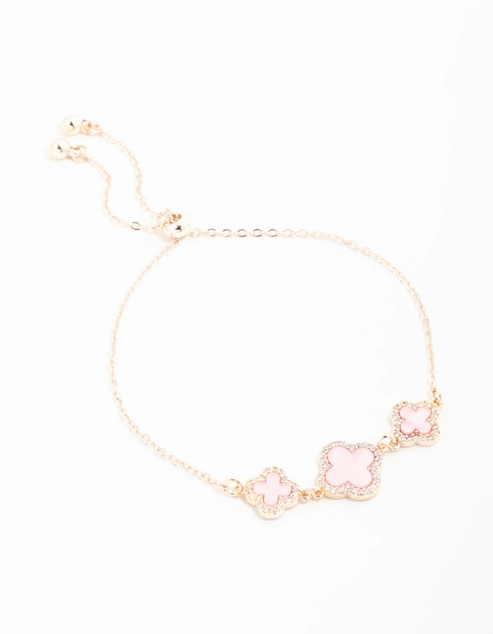 Rose Gold Cubic Zirconia Pink Flower Trio Toggle Bracelet Handmade Elegance