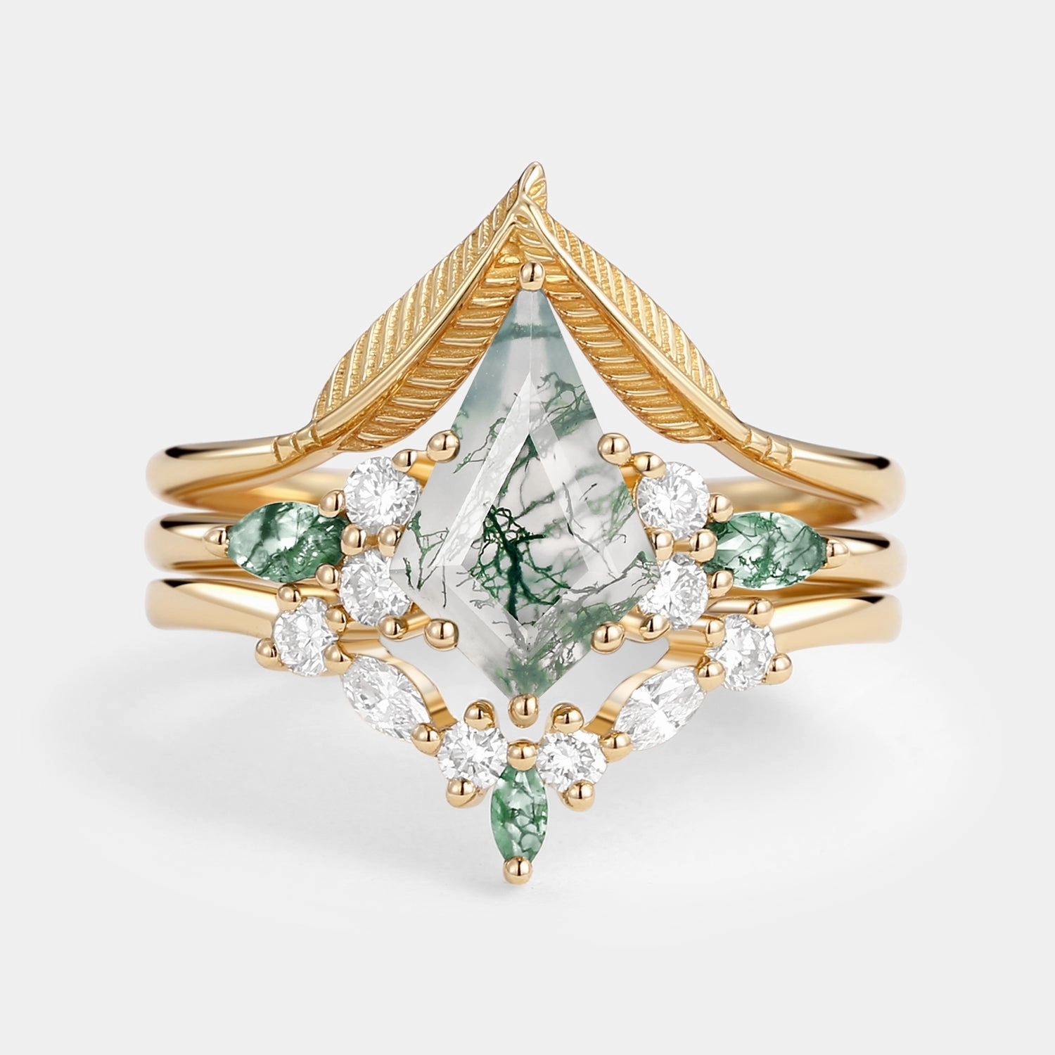 Kite Cut Green Moss Agate Three Stone Engagement Bridal Set 3pcs Glowing Feature Trendy Finish