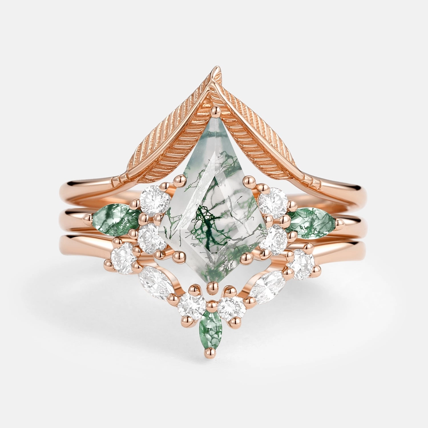 Kite Cut Green Moss Agate Three Stone Engagement Bridal Set 3pcs Nostalgic Design