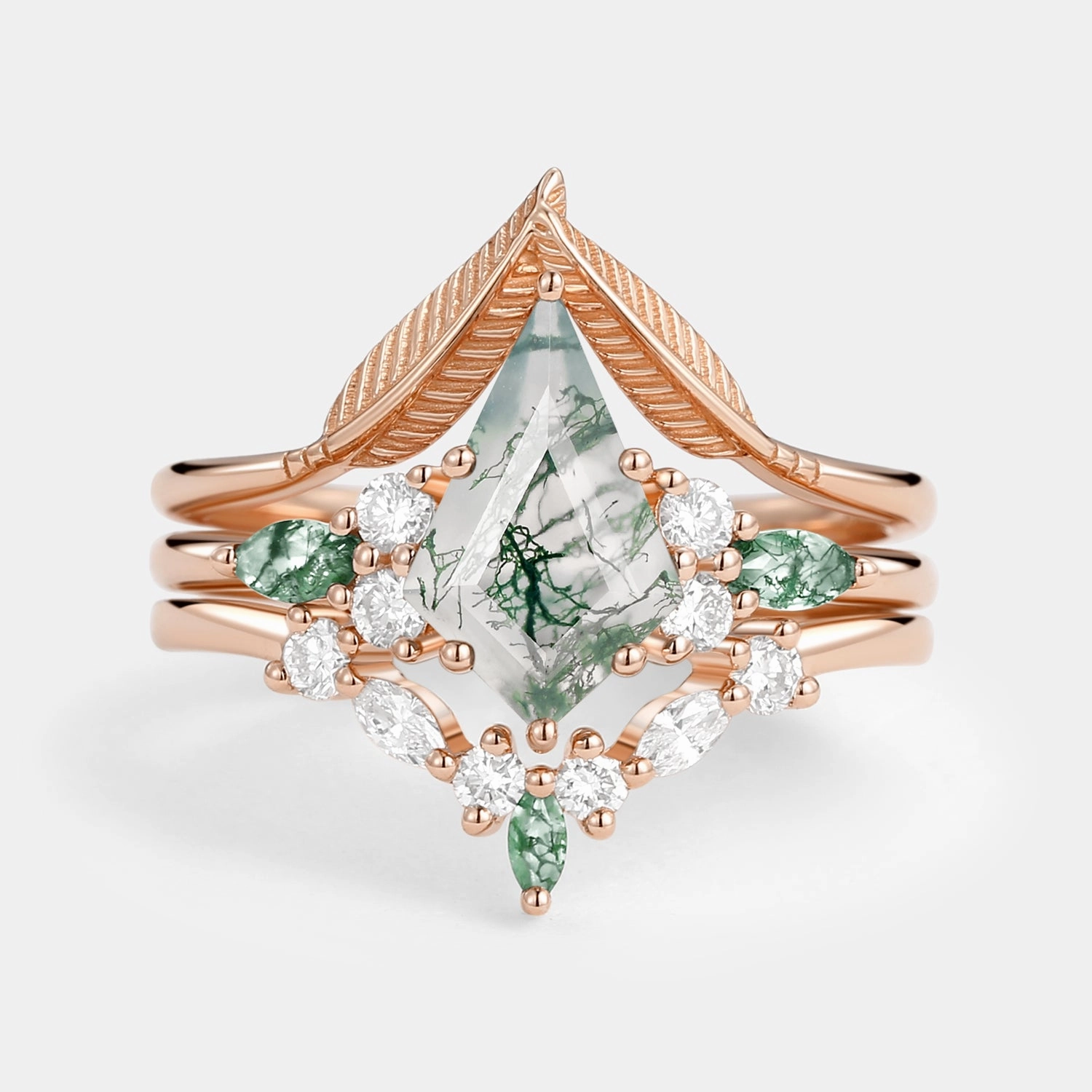 Customizable Appearance Value Article Kite Cut Green Moss Agate Three Stone Engagement Bridal Set 3pcs