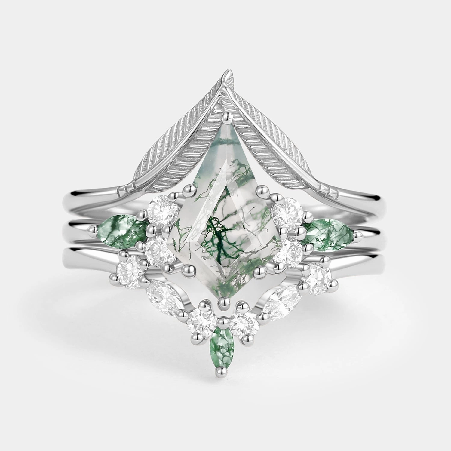 Versatile Jewelry Polished Look Kite Cut Green Moss Agate Three Stone Engagement Bridal Set 3pcs