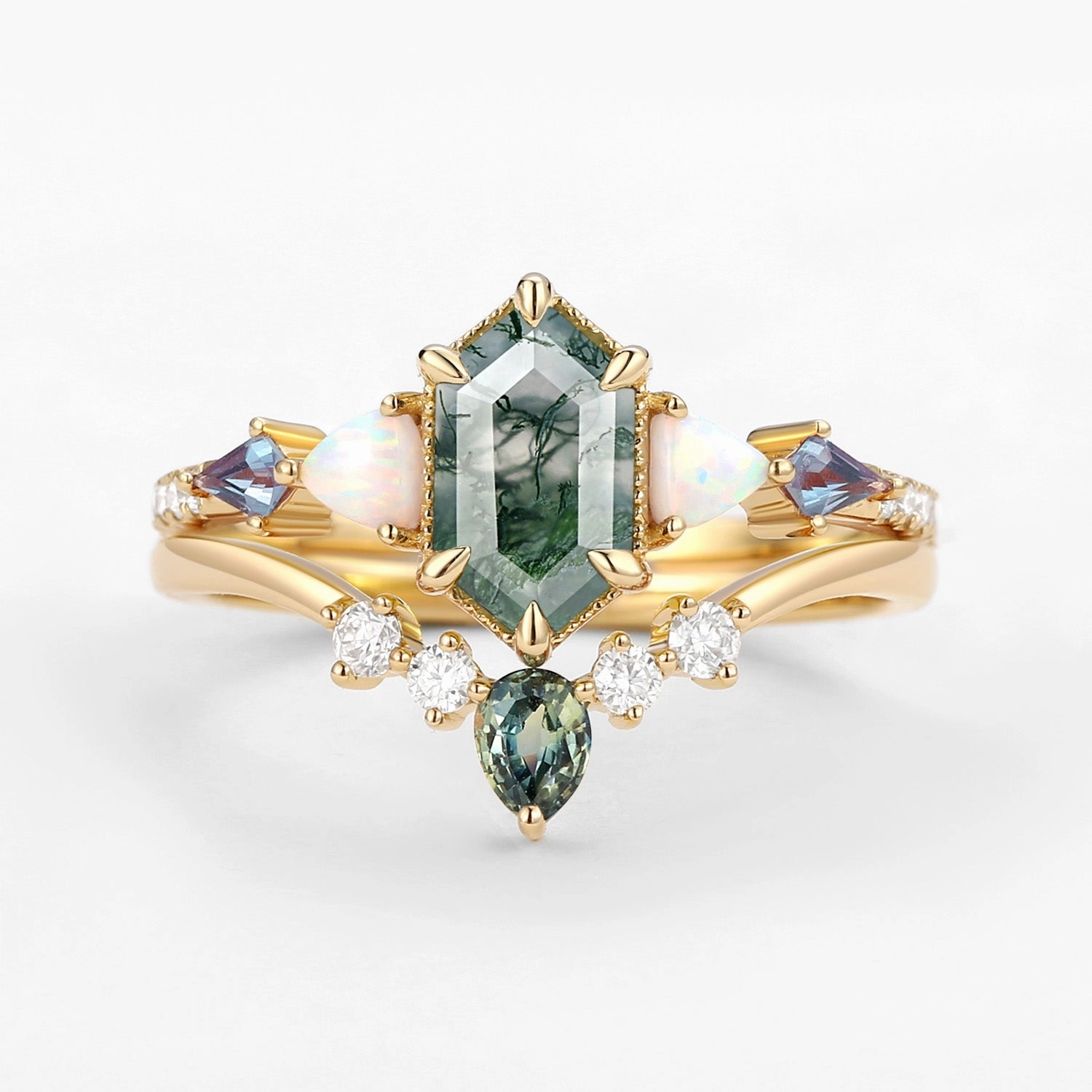Fashion Gift Hexagon Moss Agate & Opal & Alexandrite & Teal Sapphire Ring Set 2PCS