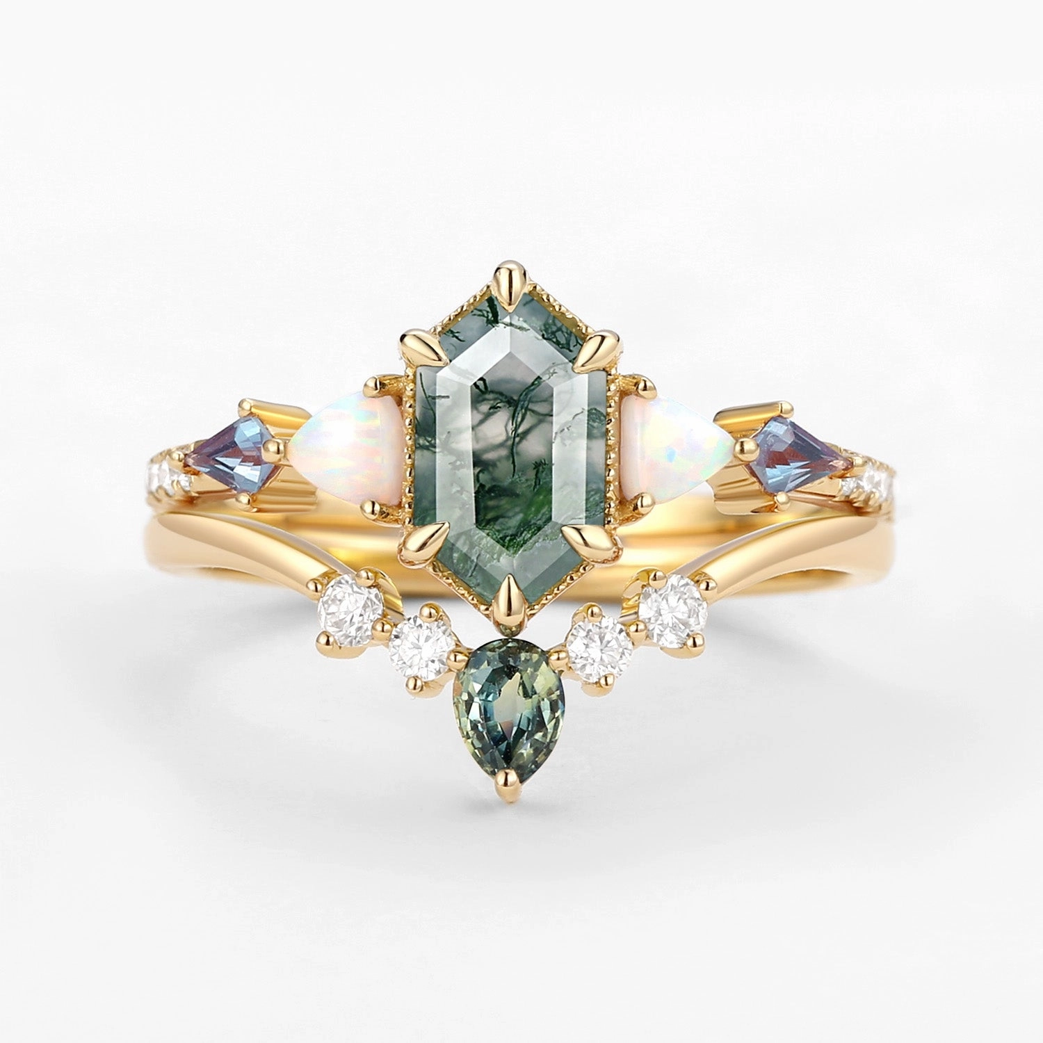 Unbendable Piece Gentle Simplicity Hexagon Moss Agate & Opal & Alexandrite & Teal Sapphire Ring Set 2PCS