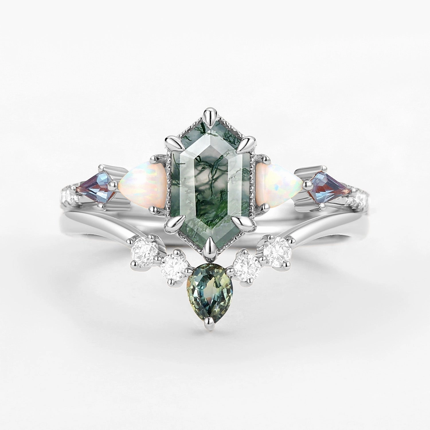 Hexagon Moss Agate & Opal & Alexandrite & Teal Sapphire Ring Set 2PCS Classic Sparkle