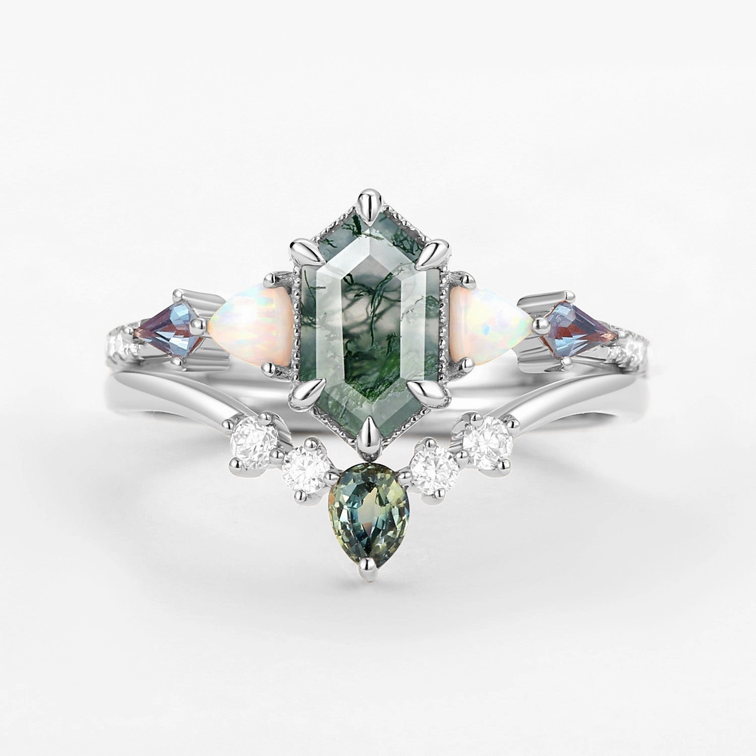 Distinctive Detailing Hexagon Moss Agate & Opal & Alexandrite & Teal Sapphire Ring Set 2PCS