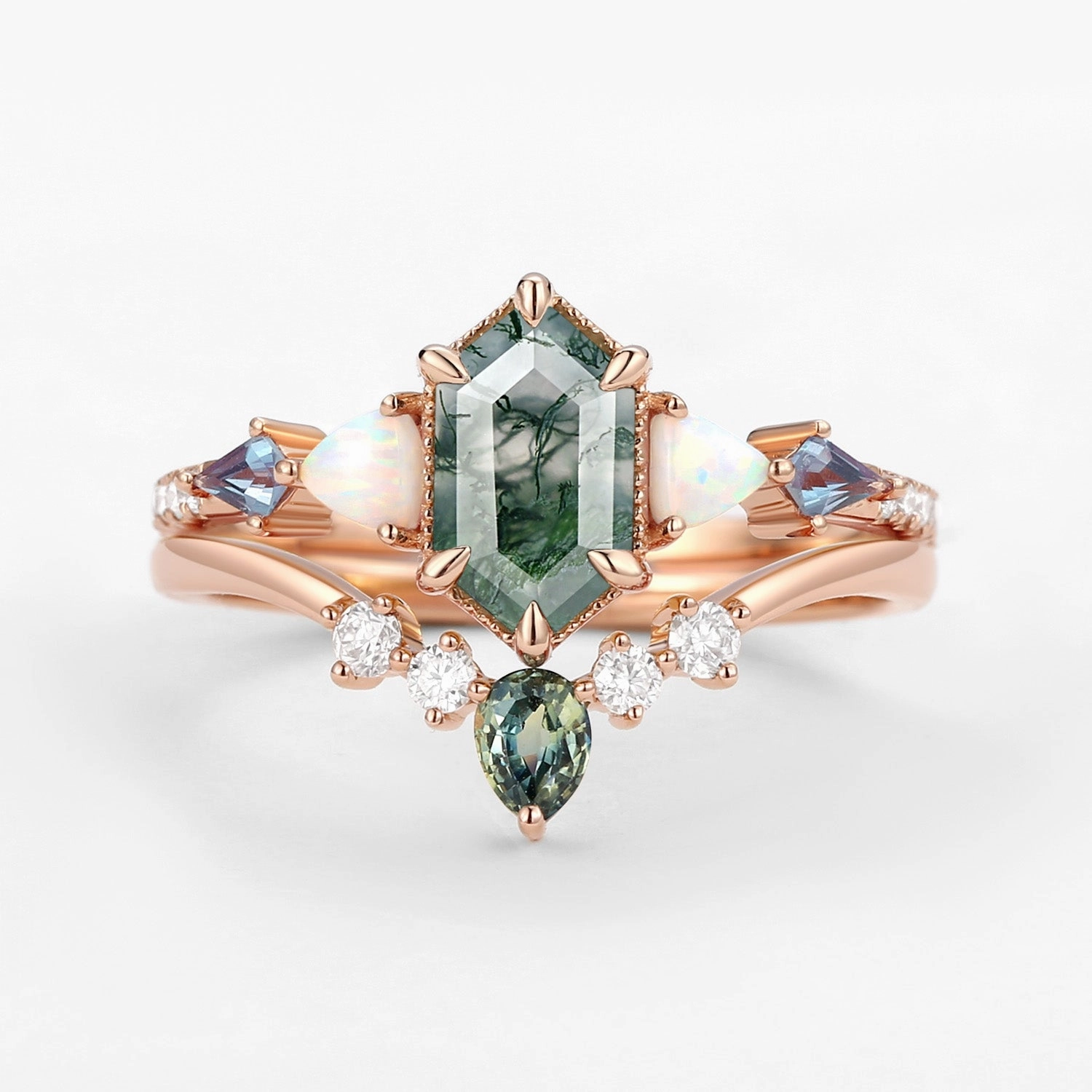 Romantic Finish Lustrous Accent Hexagon Moss Agate & Opal & Alexandrite & Teal Sapphire Ring Set 2PCS