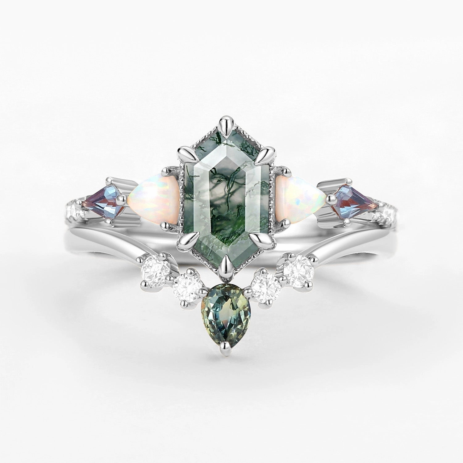 Hexagon Moss Agate & Opal & Alexandrite & Teal Sapphire Ring Set 2PCS Strong Accessory Holiday Choice