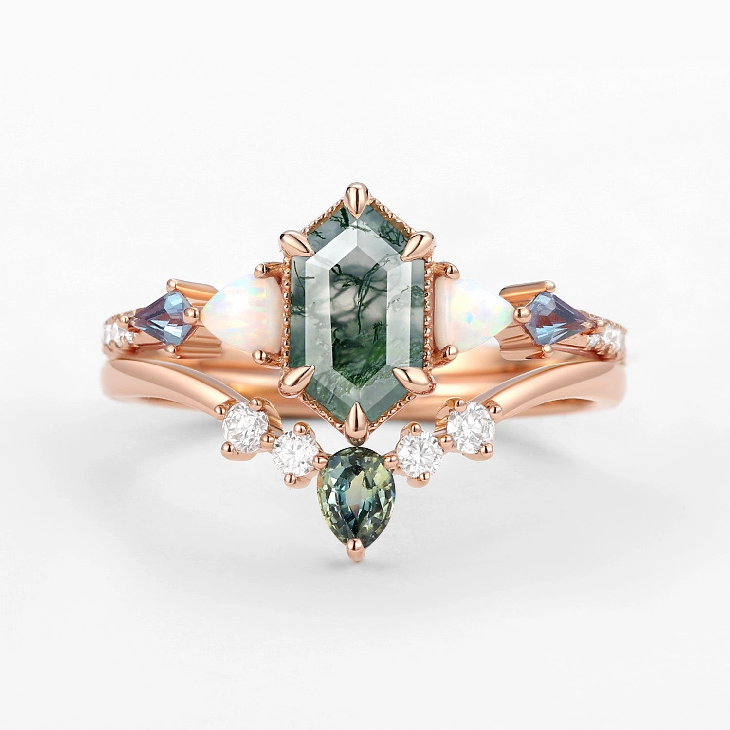 Refined Appearance Personal Accent Hexagon Moss Agate & Opal & Alexandrite & Teal Sapphire Ring Set 2PCS