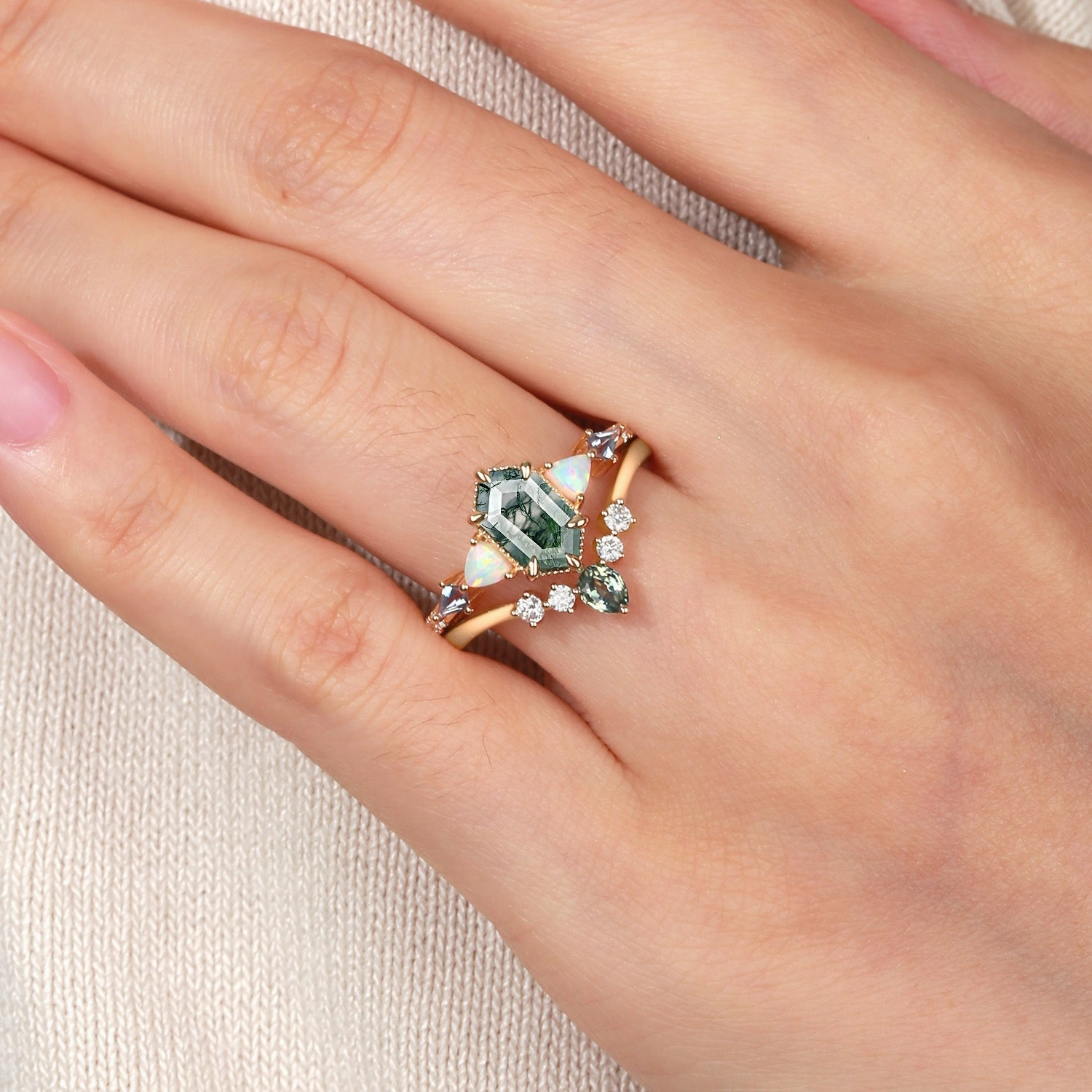 Hexagon Moss Agate & Opal & Alexandrite & Teal Sapphire Ring Set 2PCS Fashion Touch Modern Mood