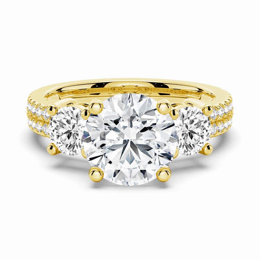 Double Row Pave Three Stone Round Cut Moissanite Engagement Ring Bright Radiance