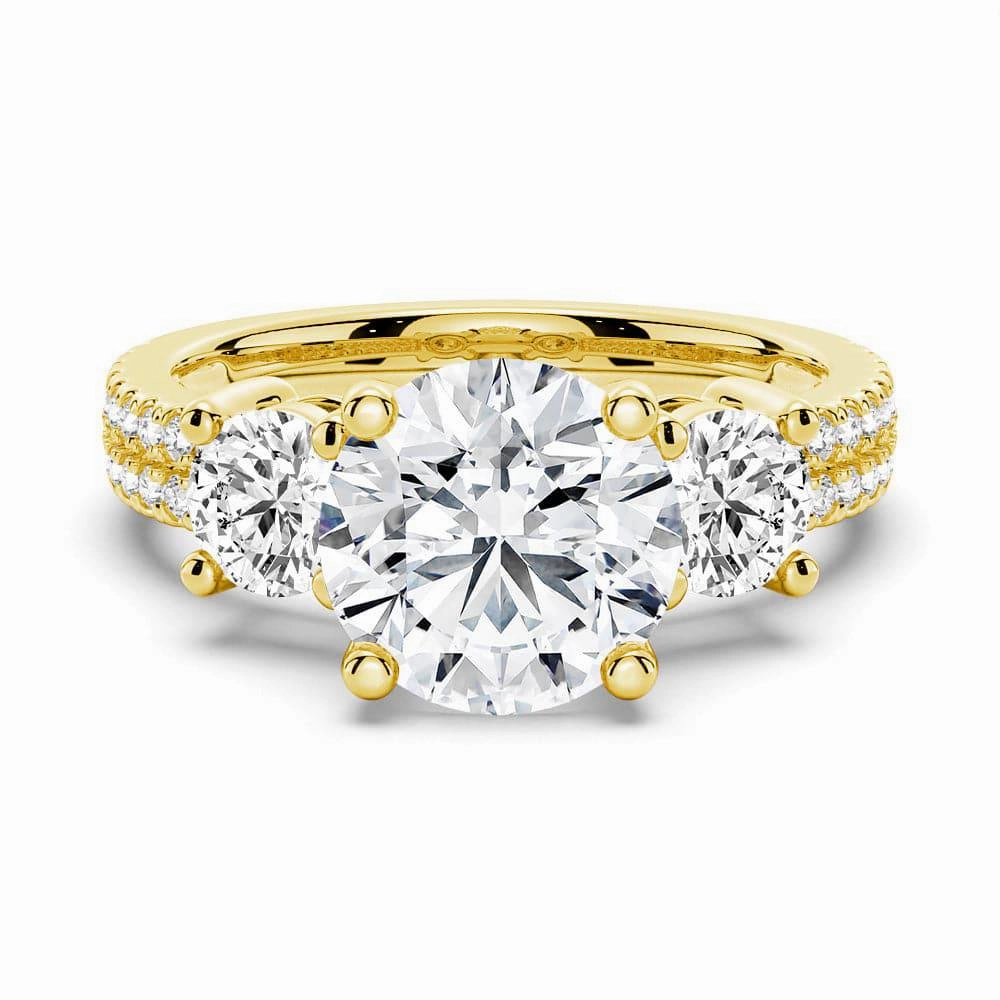 Double Row Pave Three Stone Round Cut Moissanite Engagement Ring Pop Element Refined Edge