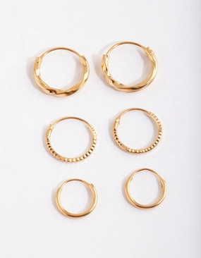 Shimmering Craft Modern Pair Gold Plated Sterling Silver Graduating Textured Hoop Earring Pack