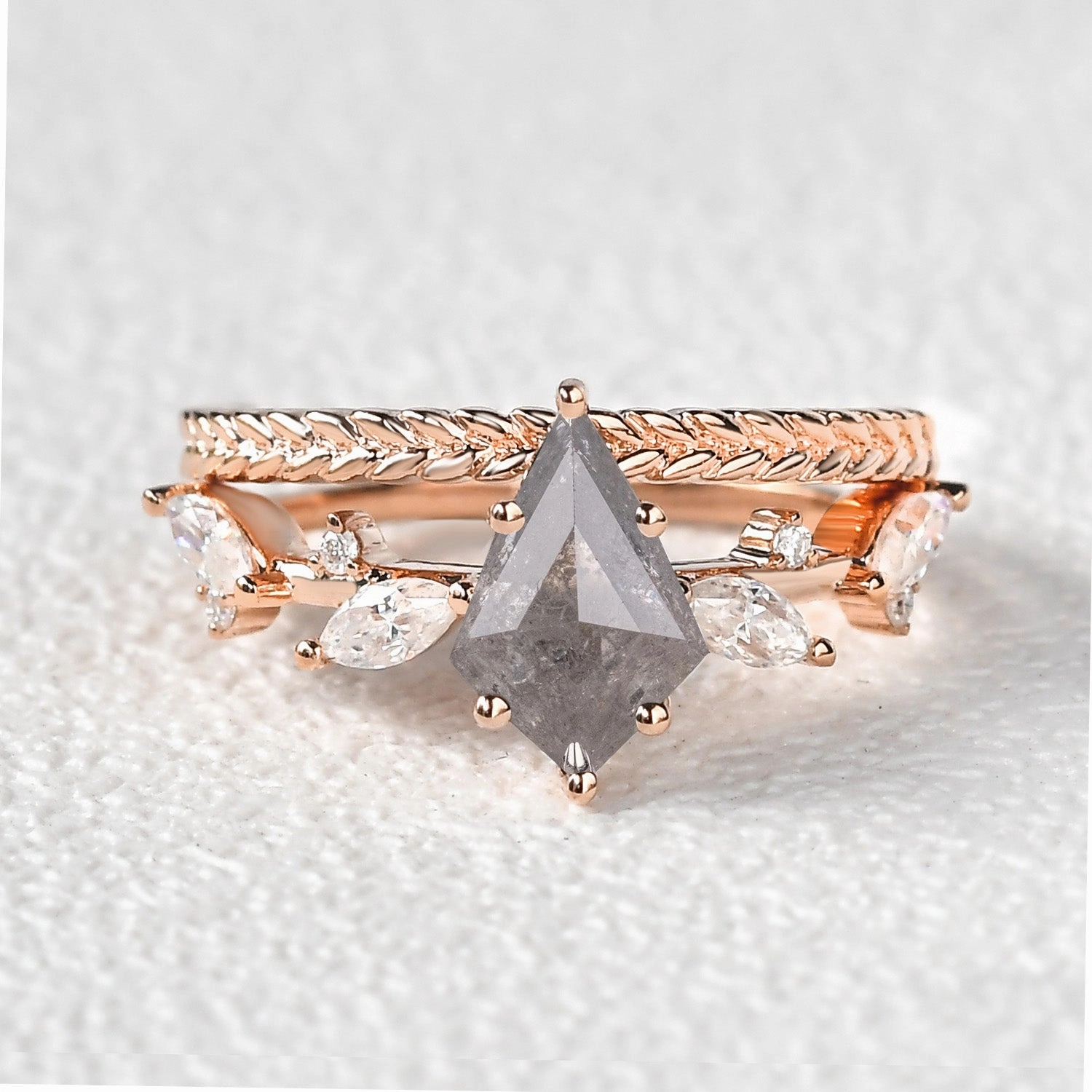 Kite Cut Salt and Pepper Diamonds Leaf Engagement Ring Set 2pcs Brilliant Item