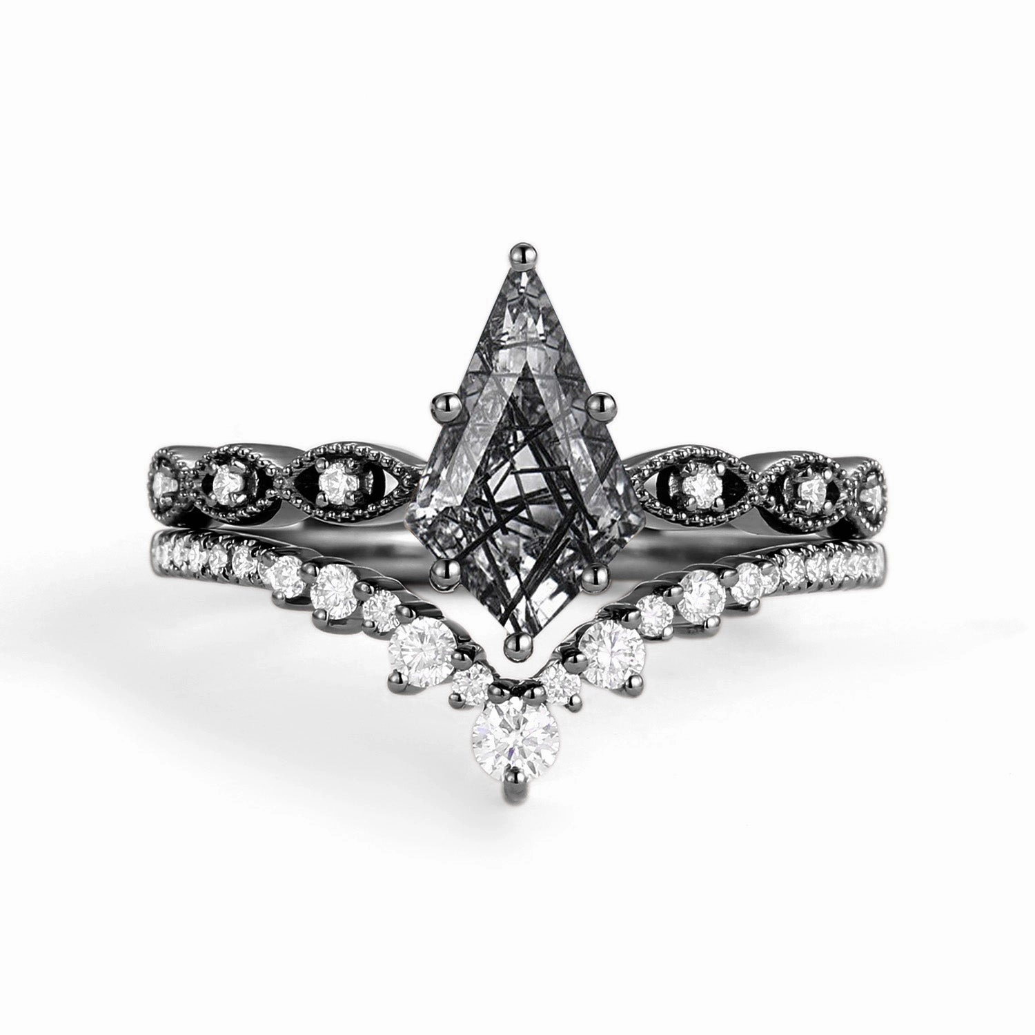 Durable Appearance Geometric Art Signature Vintage - 2.0ct Vintage Kite Cut Engagement Ring Set 2pcs - Winona