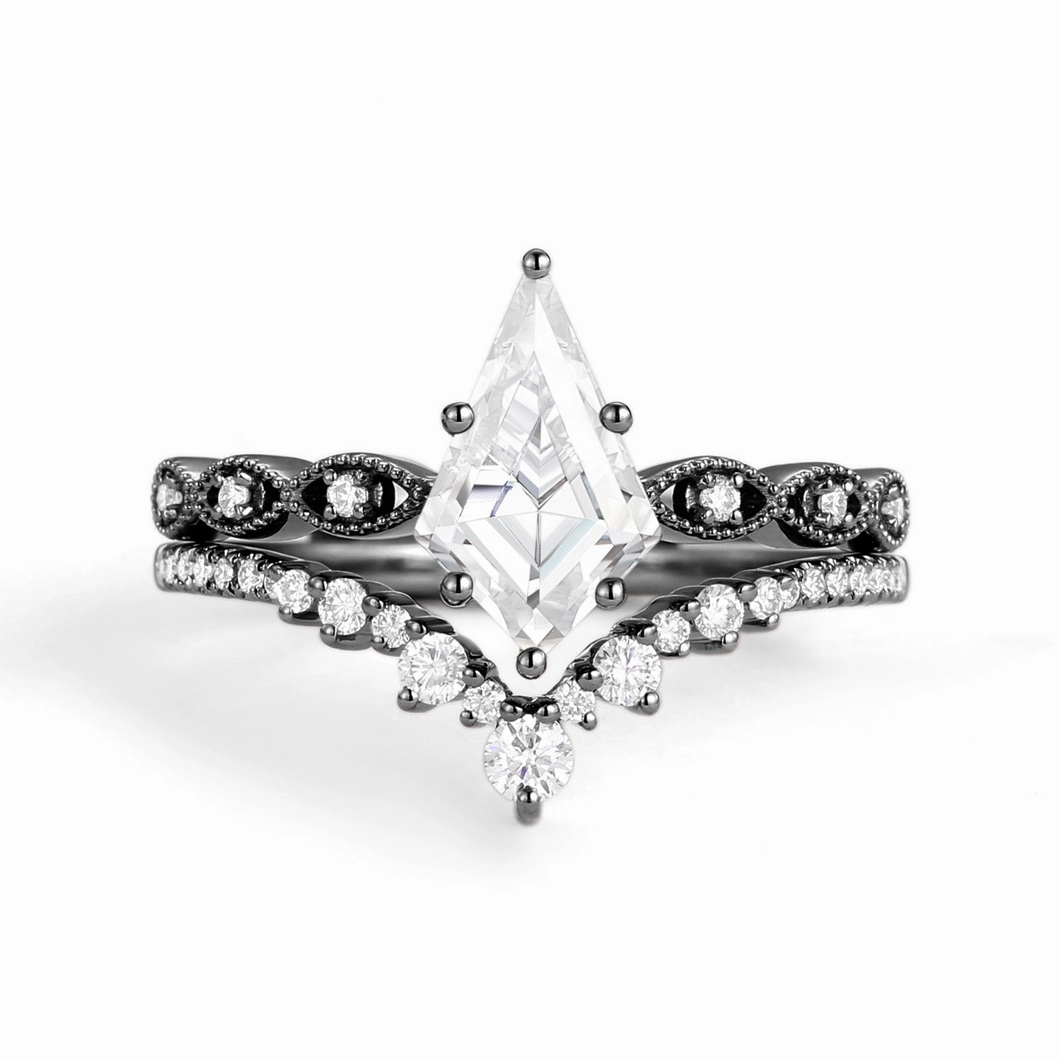 Custom Piece Fashionable Accessory Signature Vintage - 2.0ct Vintage Kite Cut Engagement Ring Set 2pcs - Winona