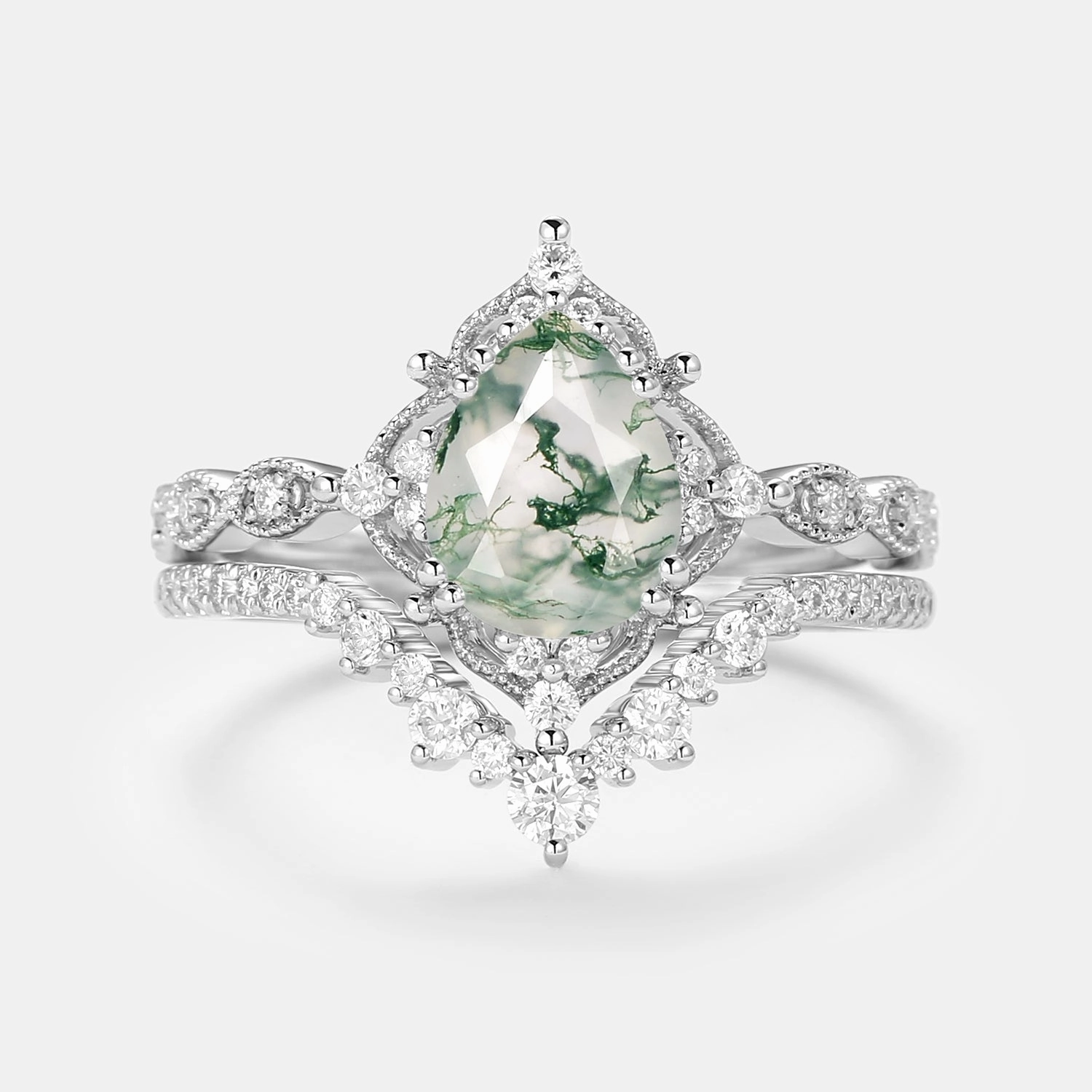 Signature Vintage - Pear Cut Moss Agate Vintage Ring Set 2pcs - Charlotte Textured Layers