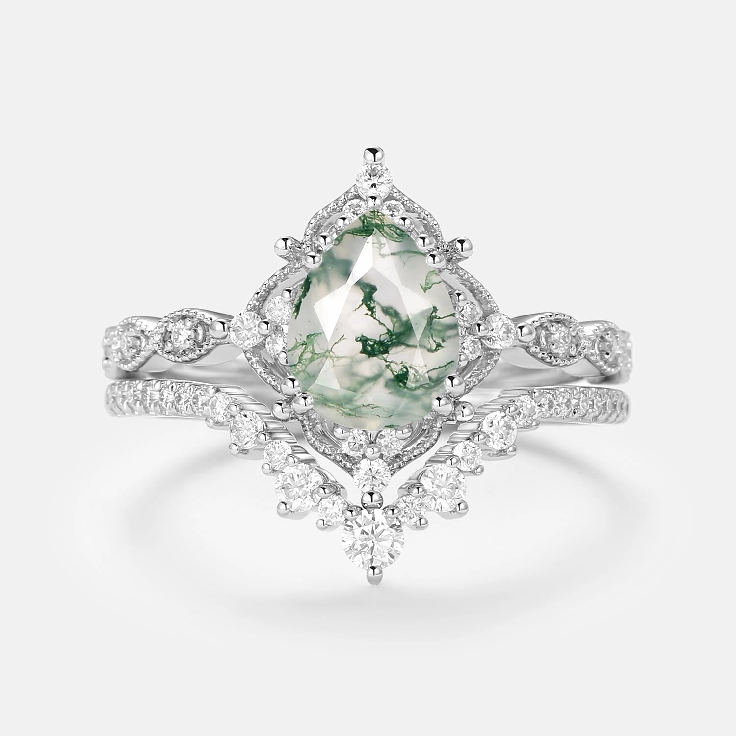 Exquisite Adornment Ornate Keepsake Signature Vintage - Pear Cut Moss Agate Vintage Ring Set 2pcs - Charlotte