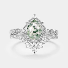 Signature Vintage - Pear Cut Moss Agate Vintage Ring Set 2pcs - Charlotte Fashionable Glow