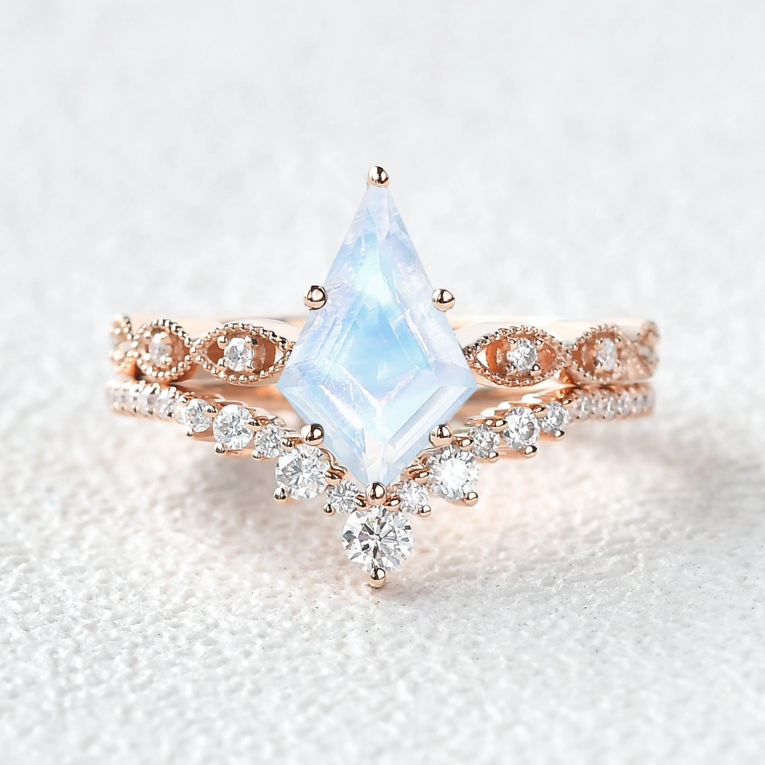 Signature Vintage - Vintage Kite Cut Moonstone Engagement Ring Set 2pcs - Winona Glittery Accent