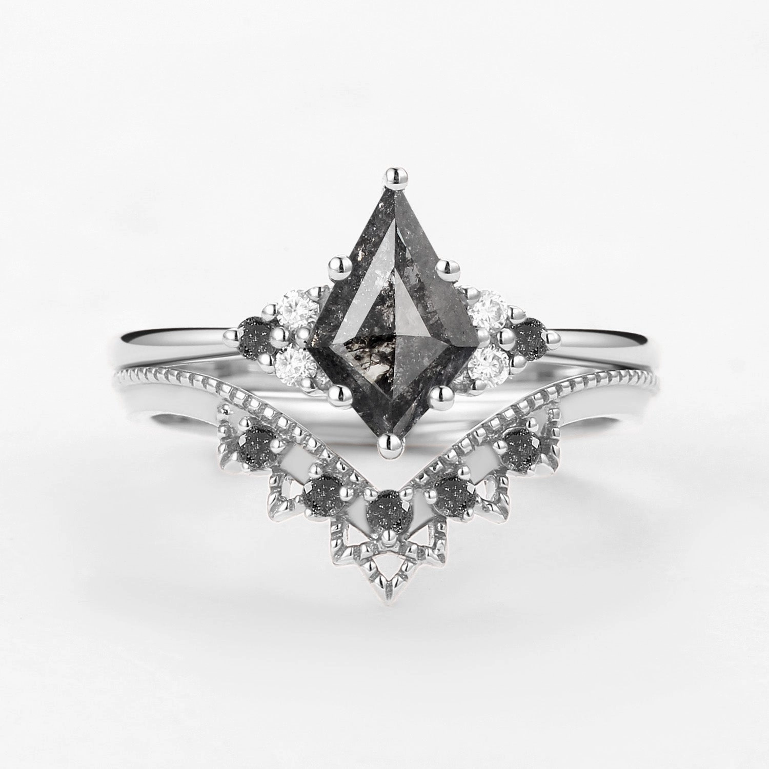 Lustrous Craft Signature Vintage Kite Cut Salt and Pepper Diamond Engagement Ring Set 2pcs
