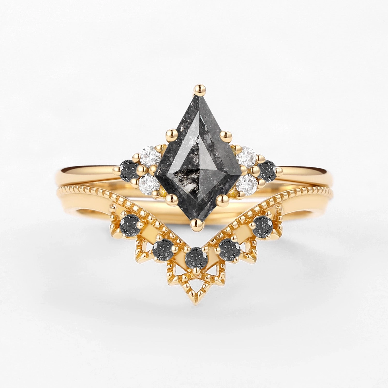 Signature Vintage Kite Cut Salt and Pepper Diamond Engagement Ring Set 2pcs Dynamic Shape