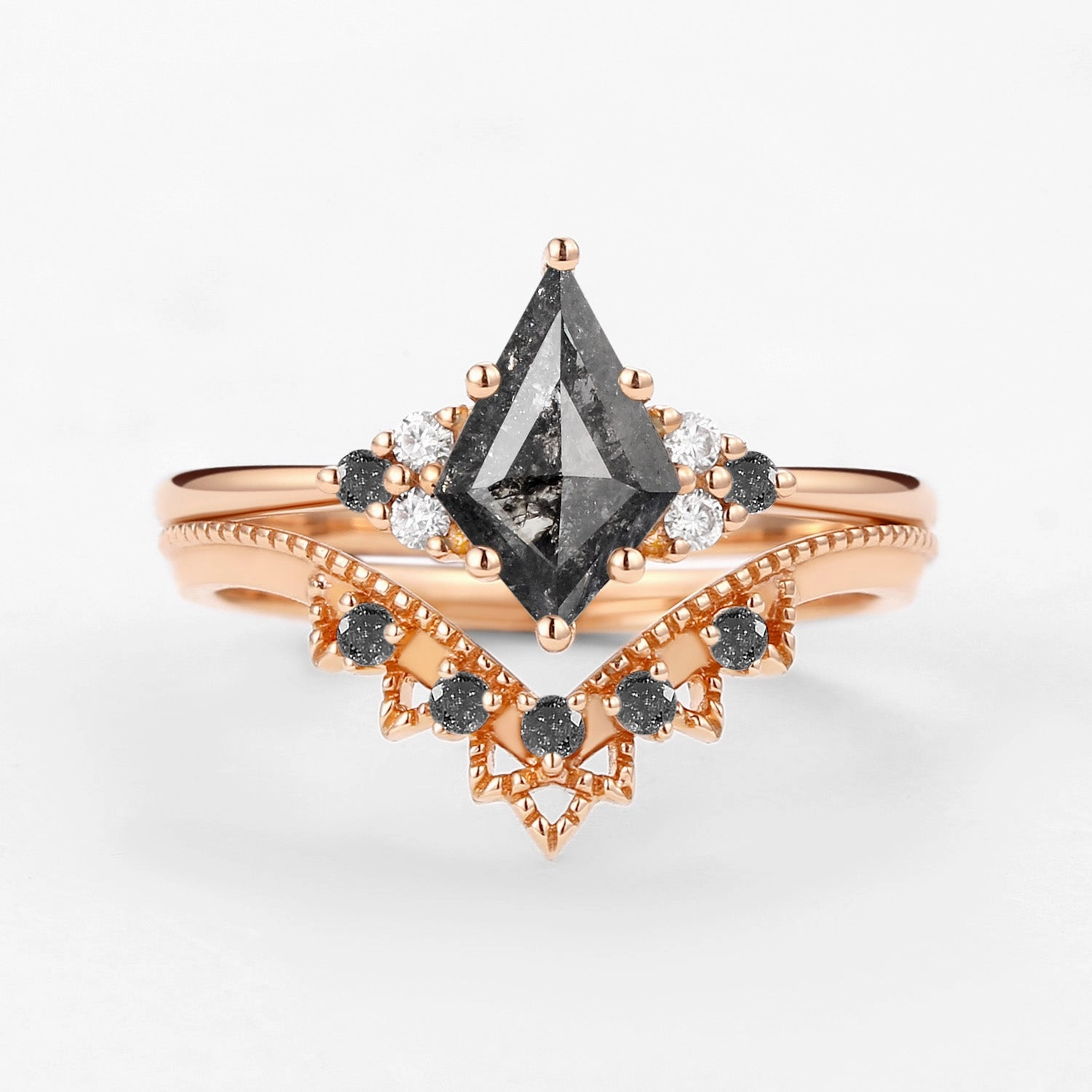 Zoom Focus Signature Vintage Kite Cut Salt and Pepper Diamond Engagement Ring Set 2pcs