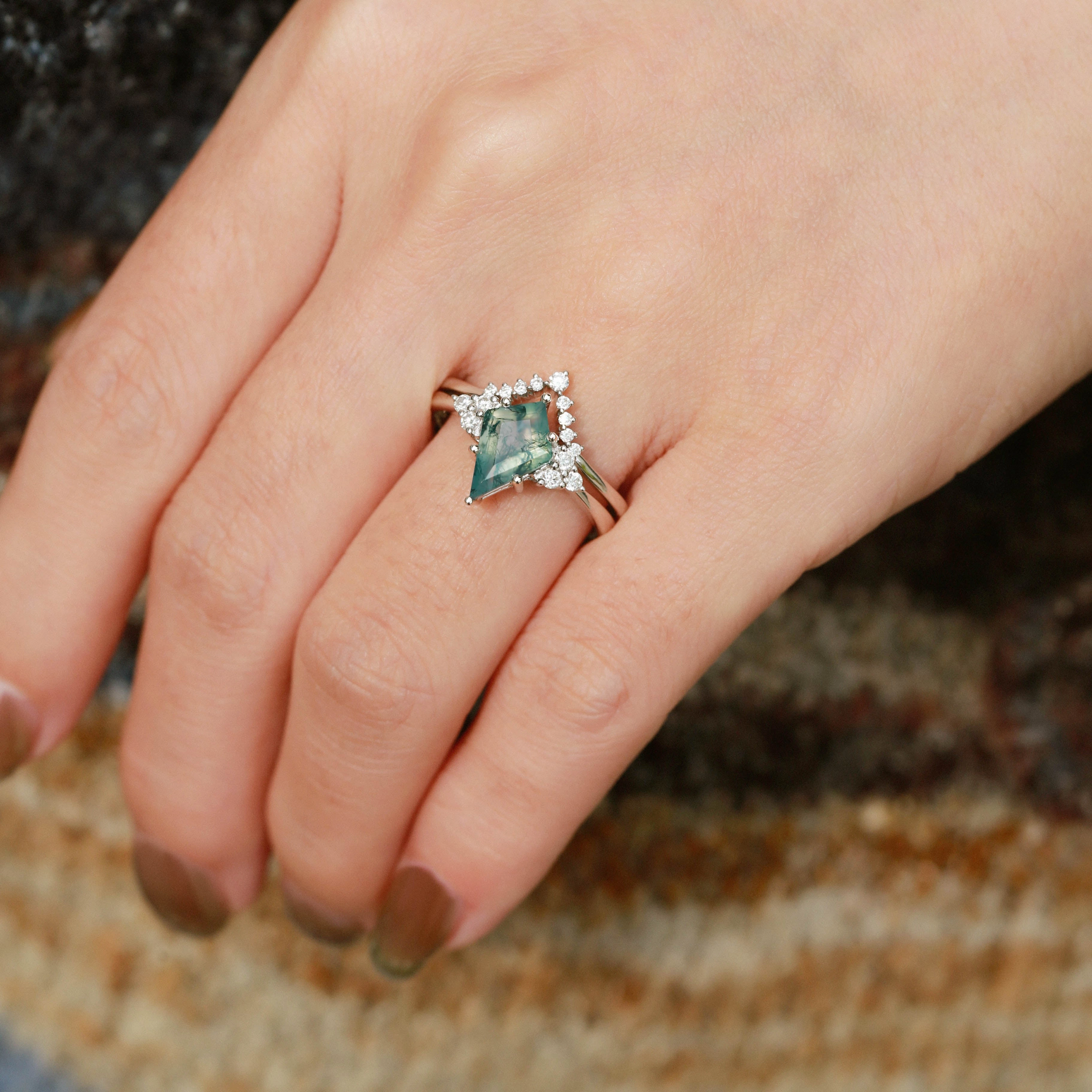 Signature Vintage Moss Agate Engagement Ring Set 2pcs Bold Craftsmanship Fashion Detail