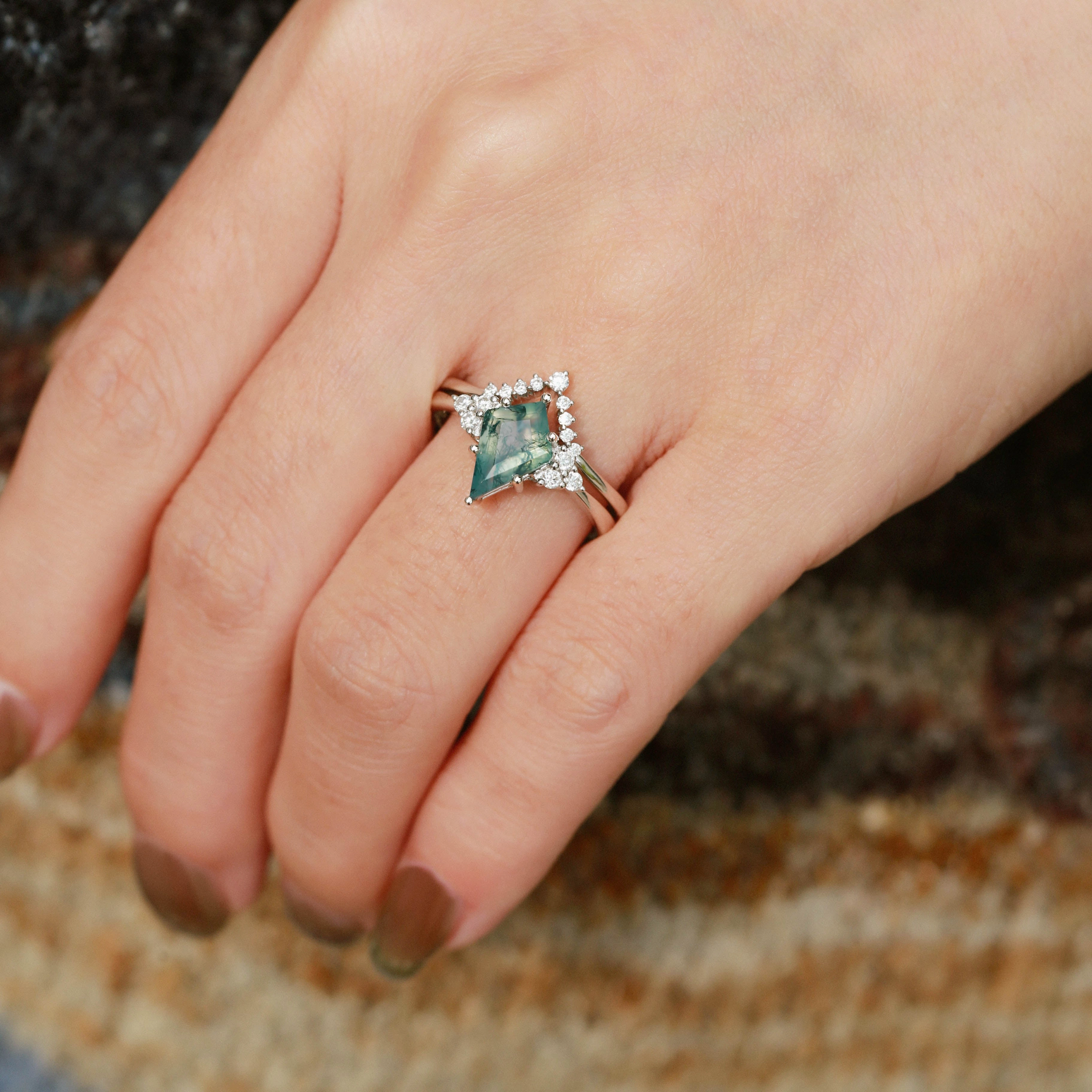 Showcase Example Signature Vintage Moss Agate Engagement Ring Set 2pcs