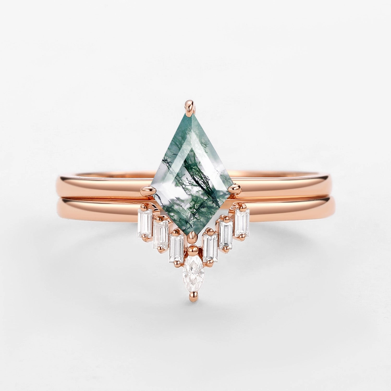 Moss Agate Baguette Moissanite Engagement Ring Set 2pcs - Cielo Bold Accent Gentle Finish