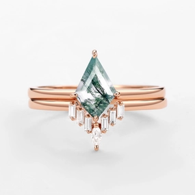 Moss Agate Baguette Moissanite Engagement Ring Set 2pcs - Cielo Bold Accent Gentle Finish