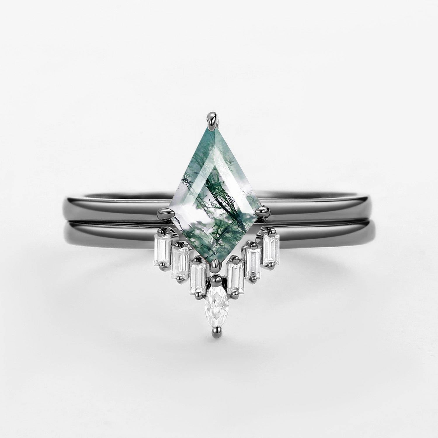 Casual Combo Daily Collection Moss Agate Baguette Moissanite Engagement Ring Set 2pcs - Cielo