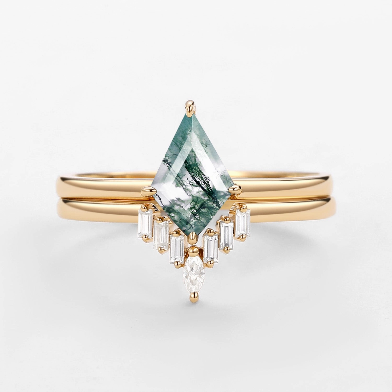 Moss Agate Baguette Moissanite Engagement Ring Set 2pcs - Cielo Contemporary Style