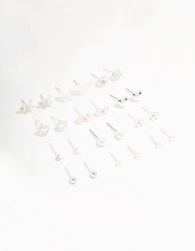 High impact Silver Butterfly & Mixed Style Stud Earrings 12-Pack