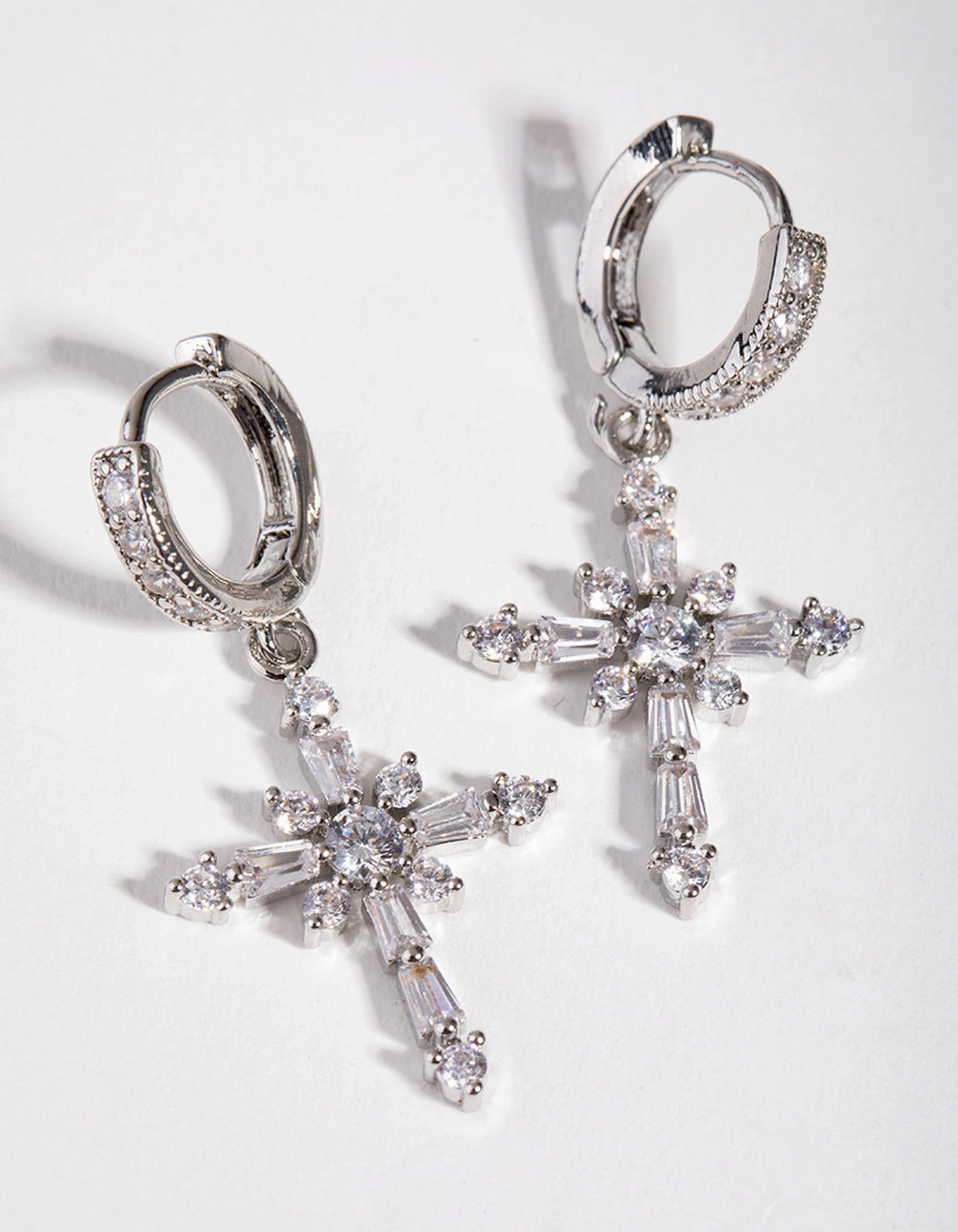 Silver Crystal Stone Cross Hoop Earrings Dinner Party Chic Glimmer