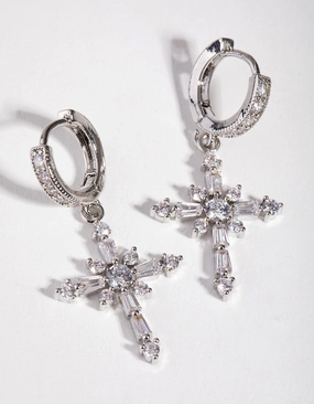 Silver Crystal Stone Cross Hoop Earrings Dinner Party Chic Glimmer