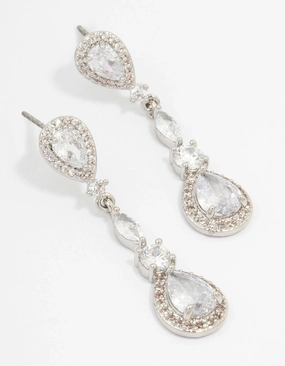 Romantic Mood Silver Cubic Zirconia Pear Halo Drop Earrings